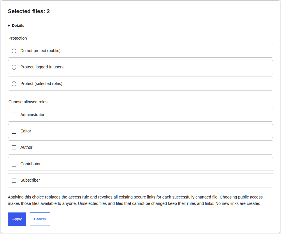 MediaKnight bulk protection with selected file details and clear protection choices.