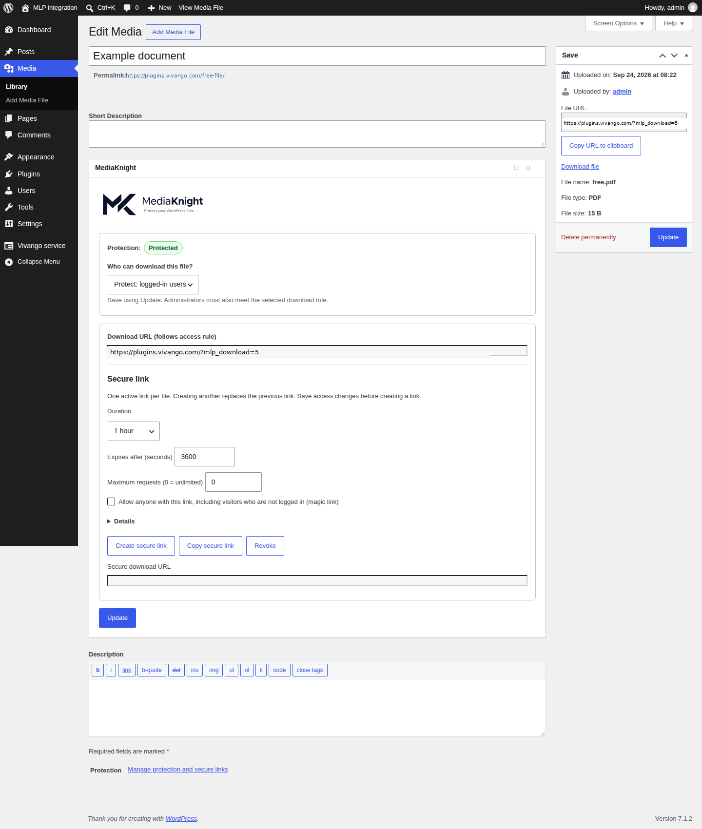 MediaKnight panel showing Protected status, access for logged-in users and Pro signed-link controls.