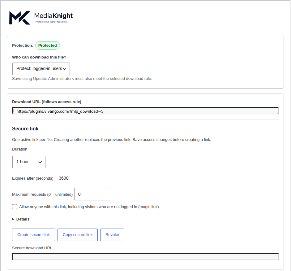 MediaKnight panel showing Protected status, access for logged-in users and Pro signed-link controls.